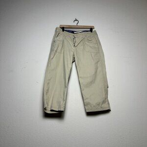Levi Paisley Blue Lined Casual Pants Women 14 Cropped Chino Khaki Tan Straight